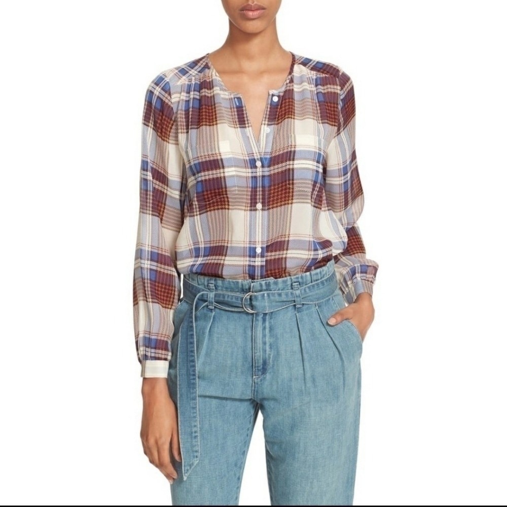 Joie Safford Plaid 100% Silk blouse career casual‎